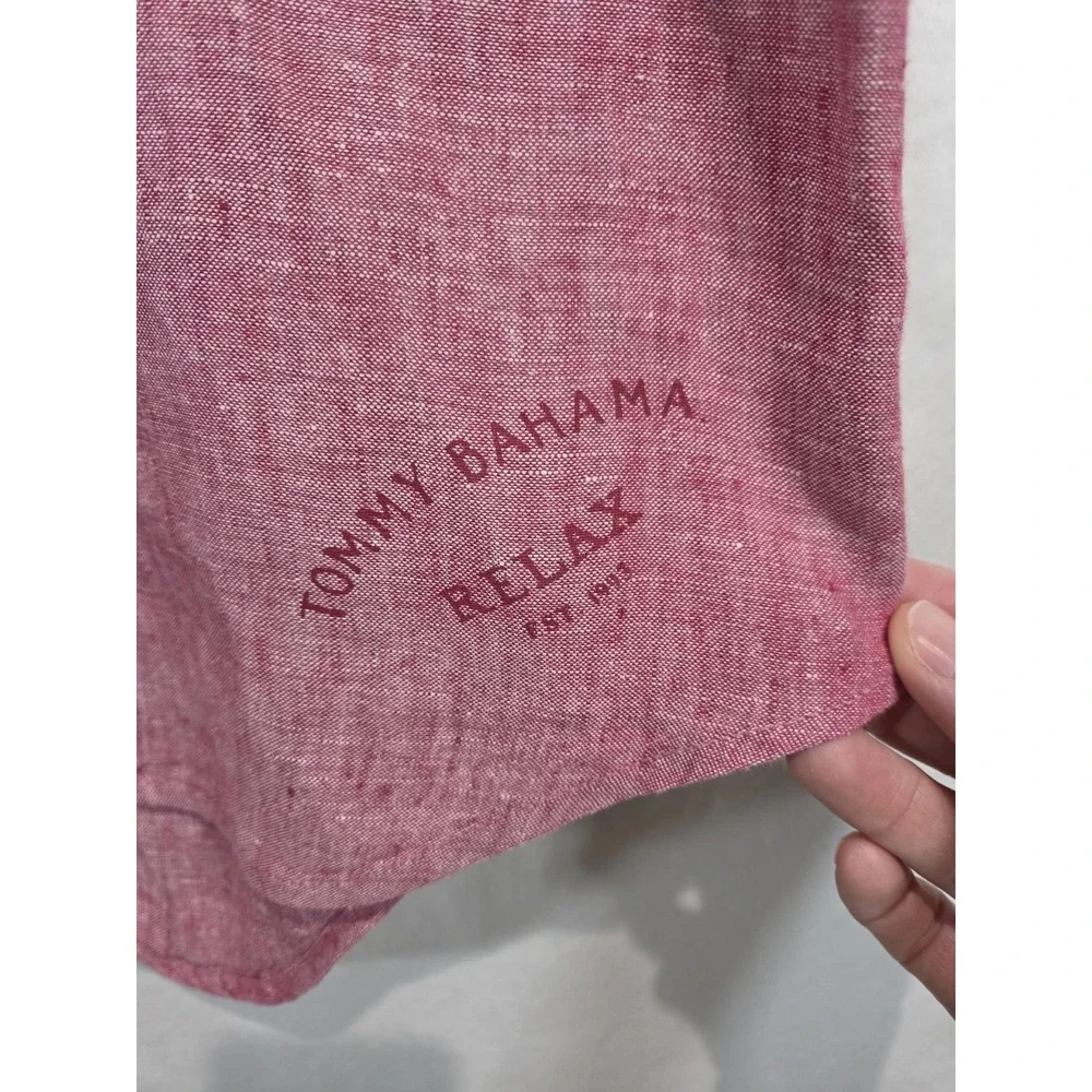 Tommy Bahama 100% Linen Mens Medium Button Up Long Sleeve Red Beach Island Relax